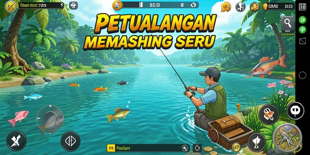 Tampilan gameplay seru dalam 8ID saat menangkap ikan besar.