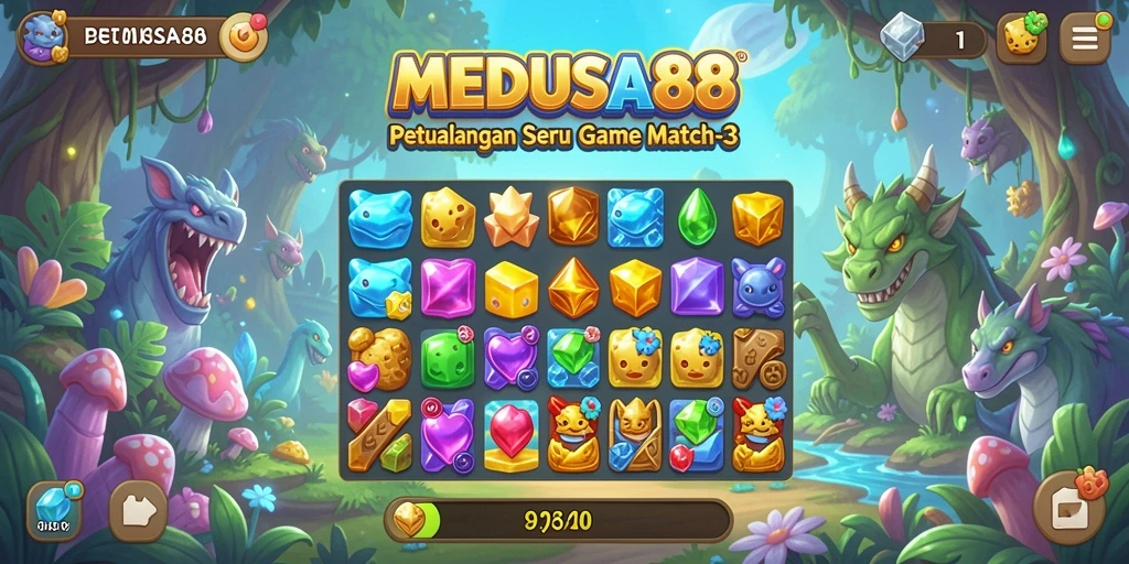 Screenshot gameplay MEDUSA88 menampilkan kombinasi permata berwarna-warni.