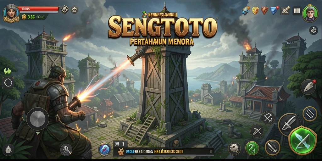 Tangkapan layar SENGTOTO menampilkan aksi pertahanan menara yang seru.