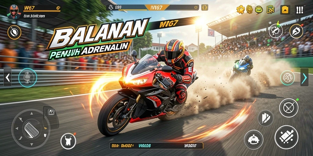 Tangkapan layar utama menunjukkan aksi balapan motor yang mendebarkan.